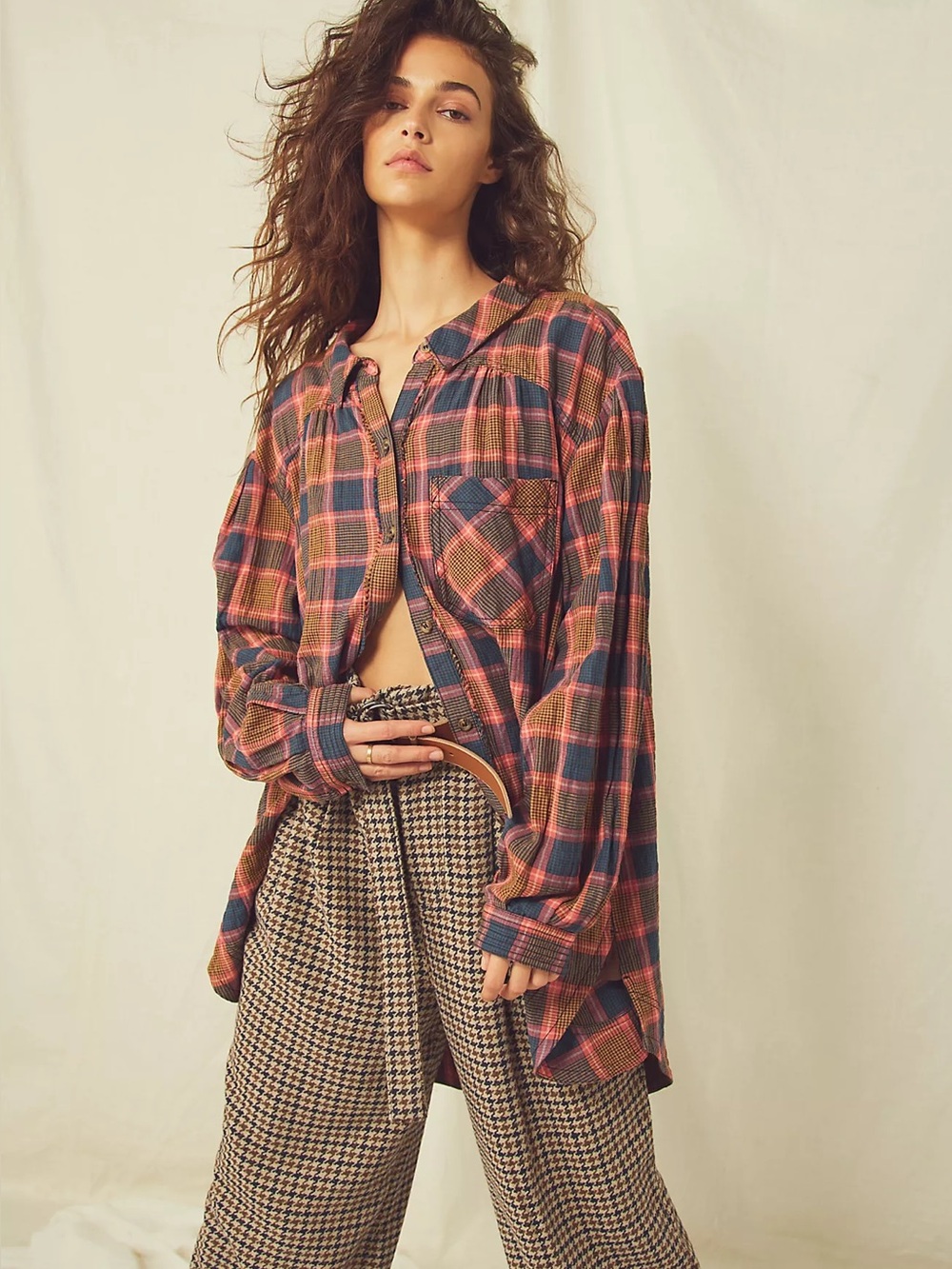 We The Free Plaid Tunic Shirt in Navy and Burgundy - Picture 3 of 6